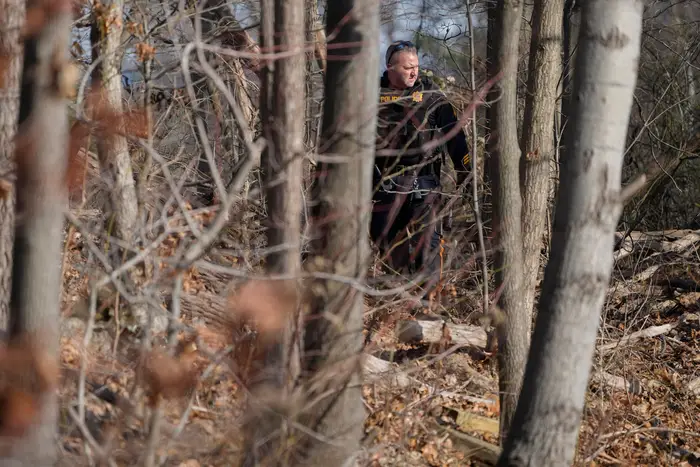 A Sayreville police officer on Thursday, Feb. 2 walks through a wooded area near the townhome community where Councilmember Eunice Dwumfour was shot and killed the night before.